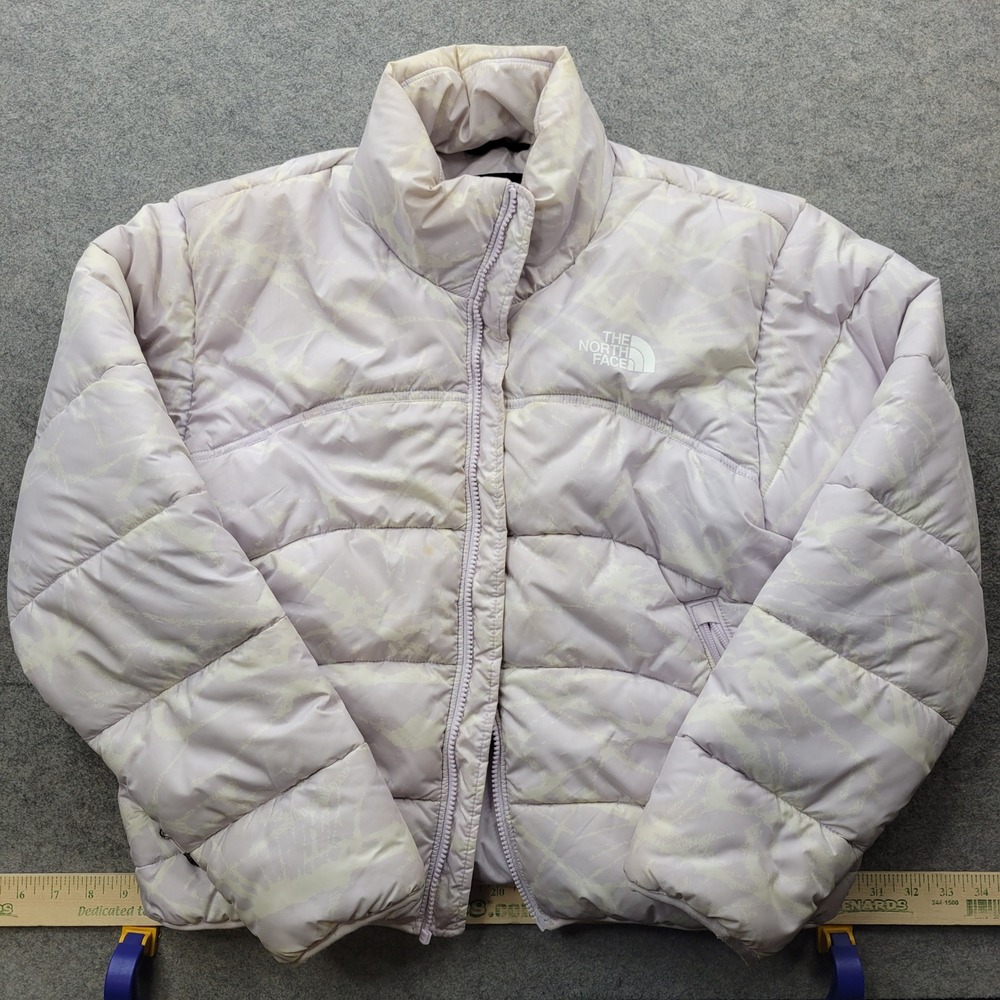 The North Face Womens Medium Puffer‎ Jacket Coat Lavender Marble Print Full Zip